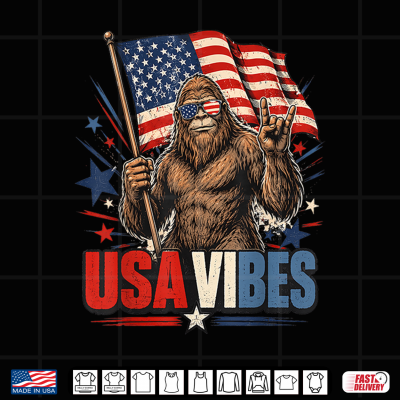 Design USA Vibes Bigfoot American Flag Patriotic Funny Graphic Shirt