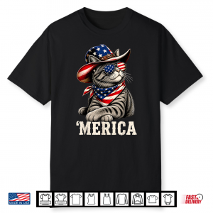 Merica Cat Patriotic Usa Flag Cowboy Hat Funny 4Th Of July Shirt
