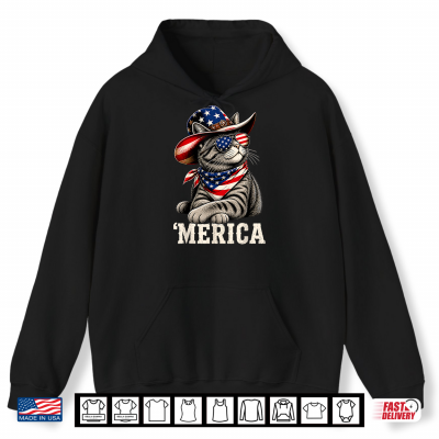 Hoodie Merica Cat Patriotic USA Flag Cowboy Hat Funny 4th of July Shirt