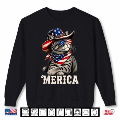 Sweatshirt Merica Cat Patriotic USA Flag Cowboy Hat Funny 4th of July Shirt
