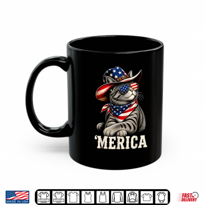 Mug Merica Cat Patriotic USA Flag Cowboy Hat Funny 4th of July Shirt