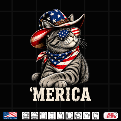 Design Merica Cat Patriotic USA Flag Cowboy Hat Funny 4th of July Shirt