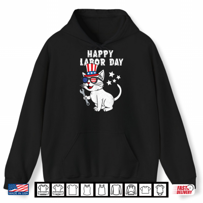 Hoodie Happy Labor Day Cat USA Flag Patriotic Union Workers Funny Shirt