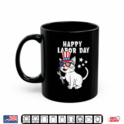 Mug Happy Labor Day Cat USA Flag Patriotic Union Workers Funny Shirt