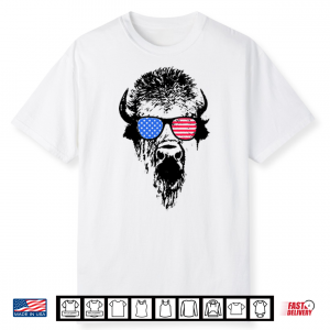Patriotic Buffalo Usa Flag American Red White Blue Sunglasses Shirt