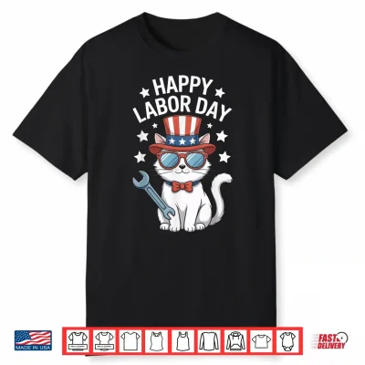Happy Labor Day Patriotic Cat Wrench Stars Worker Humor Shirt