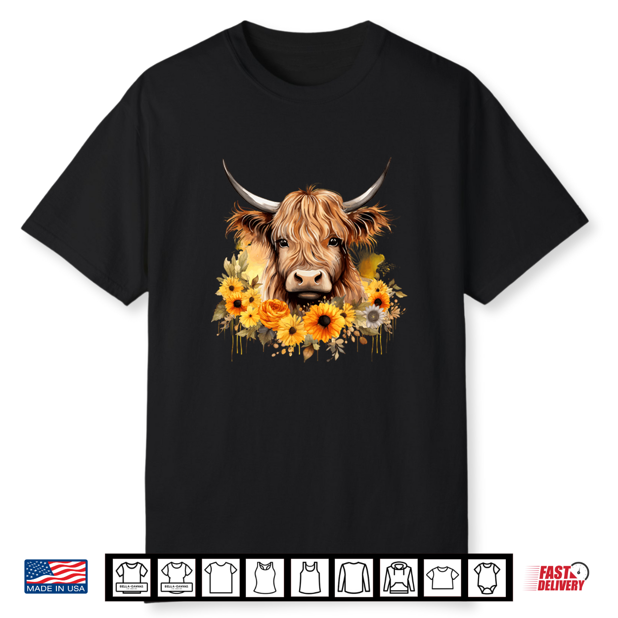 Watercolor Highland Cow With Sunflowers Floral Shirt Watercolor Highland Cow With Sunflowers Floral Shirt