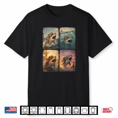 Raccoon Riding Shark Ocean Adventure Vintage Photobooth Meme Shirt