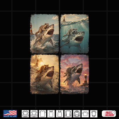Design Raccoon Riding Shark Ocean Adventure Vintage Photobooth Meme Shirt