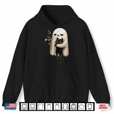 Hoodie Ghost Cat Spooky Black Cat Funny Halloween Coffee Lover Shirt