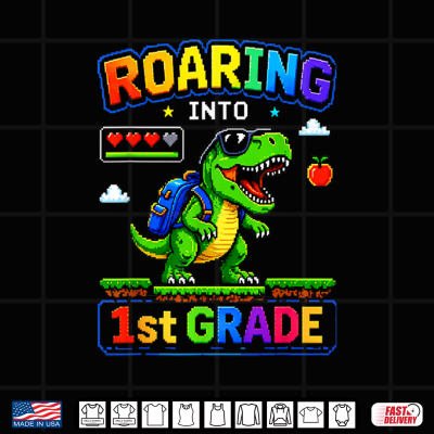 Roaring Into 1St Grade Dinosaur Back To School Gamer Shirt 4 Design Roaring Into 1st Grade Dinosaur Back to School Gamer Shirt