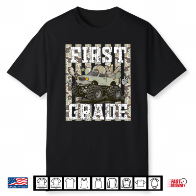 Striped Camo Back To School First Grade Monster Truck Kid Shirt
