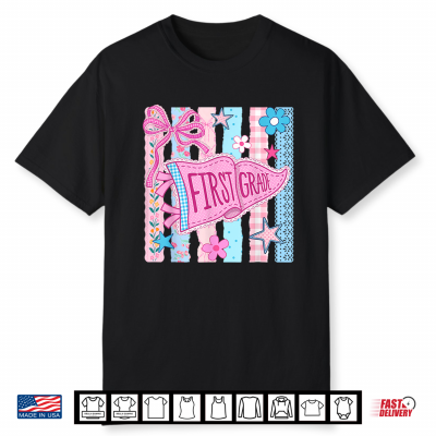 Striped Floral Pennant Flag Back To School First 1St Grade Shirt