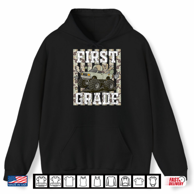 Hoodie Striped Camo Back to School First Grade Monster Truck Kid Shirt