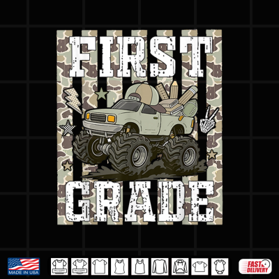 Design Striped Camo Back to School First Grade Monster Truck Kid Shirt