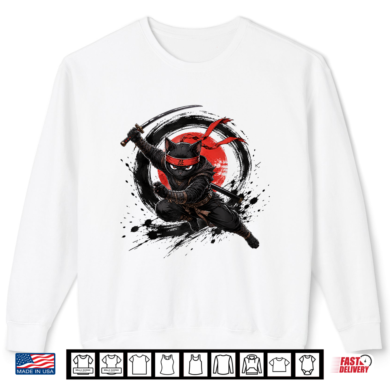 Black Ninja Cat Warrior Japanese Ink Katana Graphic Shirt Black Ninja Cat Warrior Japanese Ink Katana Graphic Shirt