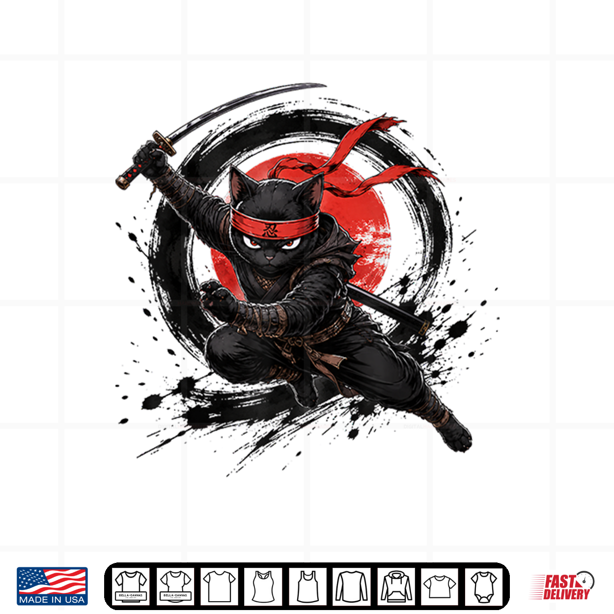 Black Ninja Cat Warrior Japanese Ink Katana Graphic Shirt Black Ninja Cat Warrior Japanese Ink Katana Graphic Shirt