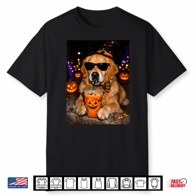 Golden Retriever Drinking Iced Coffee Funny Halloween Dog Shirt