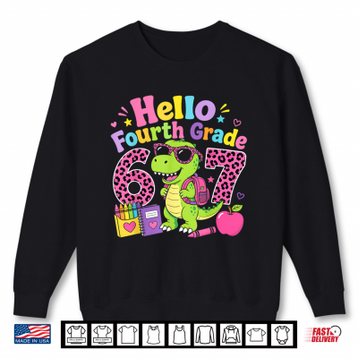 Sweatshirt Hello Fourth Grade 67 T Rex Pink Leopard First Day of School Shirt
