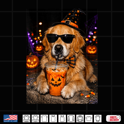 Golden Retriever Drinking Iced Coffee Funny Halloween Dog Shirt 4 Design Golden Retriever Drinking Iced Coffee Funny Halloween Dog Shirt