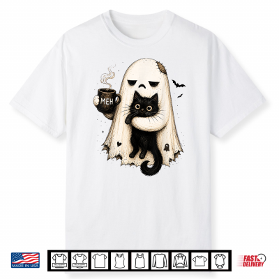 Meh Ghost Cat Spooky Black Cat Funny Halloween Coffee Lover Shirt
