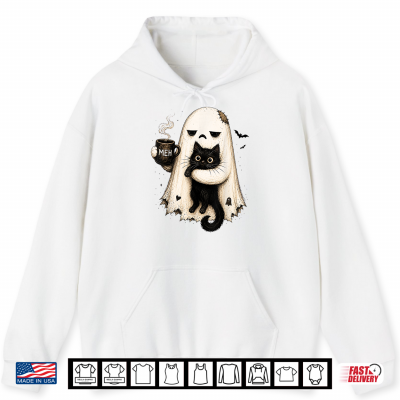 Hoodie Meh Ghost Cat Spooky Black Cat Funny Halloween Coffee Lover Shirt