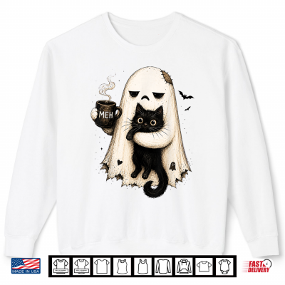 Sweatshirt Meh Ghost Cat Spooky Black Cat Funny Halloween Coffee Lover Shirt