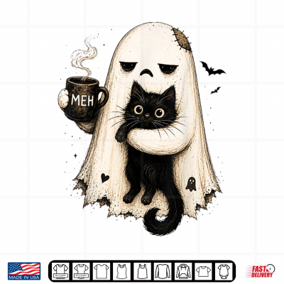 Design Meh Ghost Cat Spooky Black Cat Funny Halloween Coffee Lover Shirt