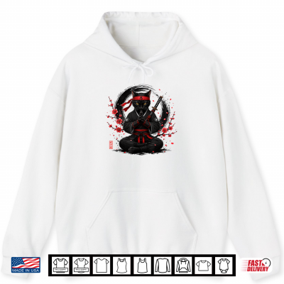 Hoodie Black Ninja Cat Meditating with Katana Japanese Ink Art Shirt
