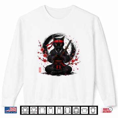 Sweatshirt Black Ninja Cat Meditating with Katana Japanese Ink Art Shirt