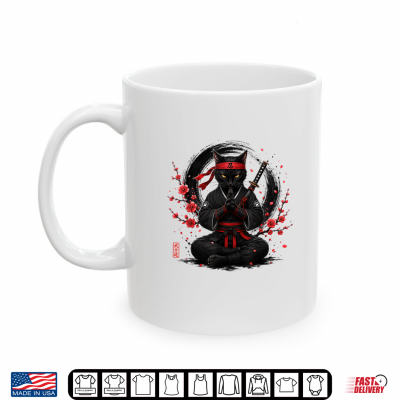 Mug Black Ninja Cat Meditating with Katana Japanese Ink Art Shirt