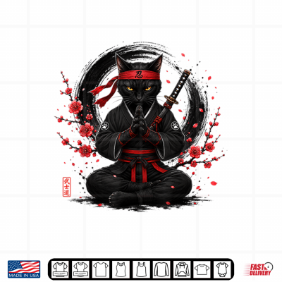 Design Black Ninja Cat Meditating with Katana Japanese Ink Art Shirt