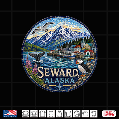 Design Seward AK Alaska USA Glaciers Whales Puffins Halibut Shirt