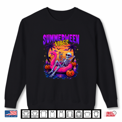Sweatshirt Summerween Vibes Skeleton Floating in Flamingo Beach Summer Shirt