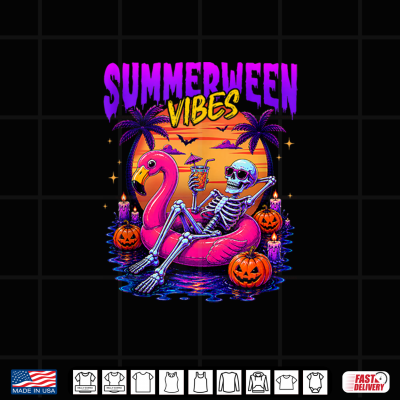 Design Summerween Vibes Skeleton Floating in Flamingo Beach Summer Shirt