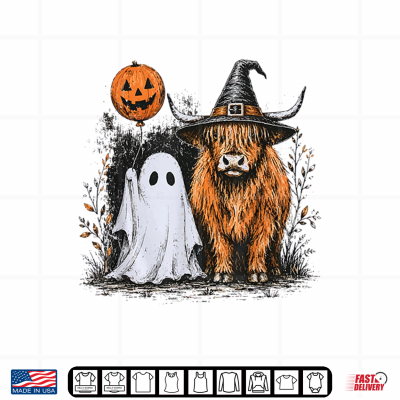Design Cute Fall Highland Cow Spooky Ghost Autumn Pumpkin Halloween Shirt