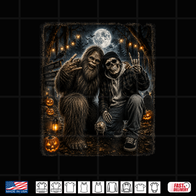 Design Funny Bigfoot Skeleton Halloween Rock Pumpkin Sasquatch Moon Shirt