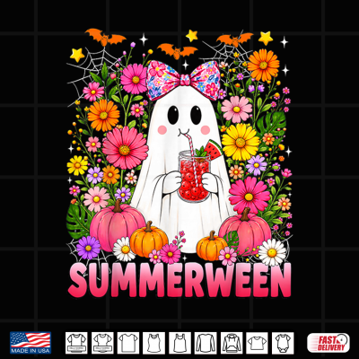 Design Funny Summerween Ghost Coquette Halloween Summer Floral Kids Shirt