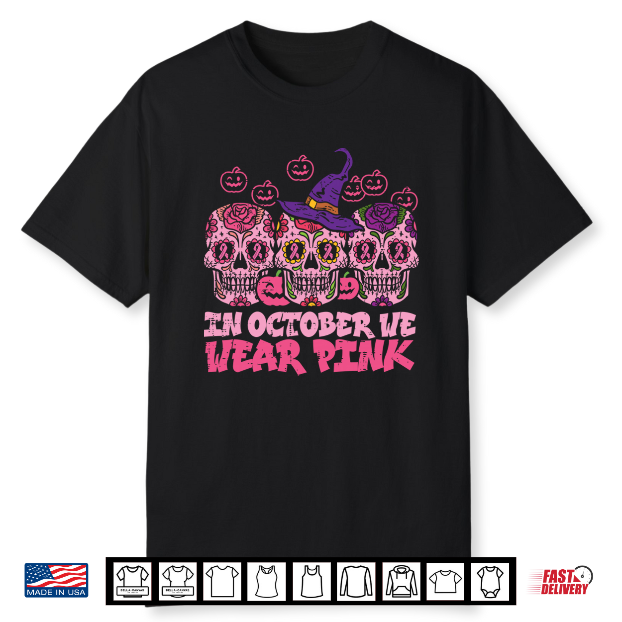 In October We Wear Pink Sugar Skull Halloween Breast Cancer Performance Shirt In October We Wear Pink Sugar Skull Halloween Breast Cancer Performance Shirt