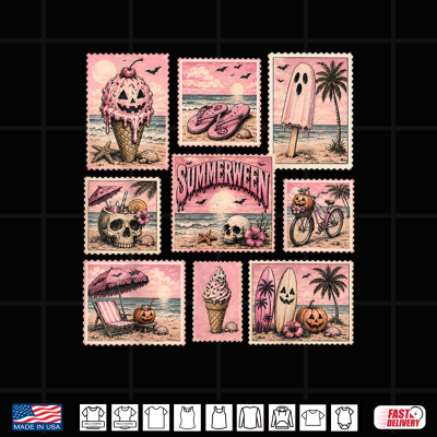 Design Retro Funny Boojee Ghost Summerween Stamps Beach Graphic Shirt