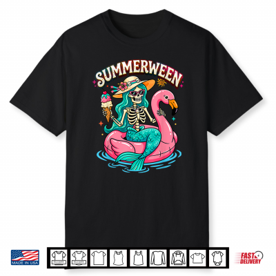 Summerween Skeleton Mermaid Flamingo Float Summer Halloween Shirt