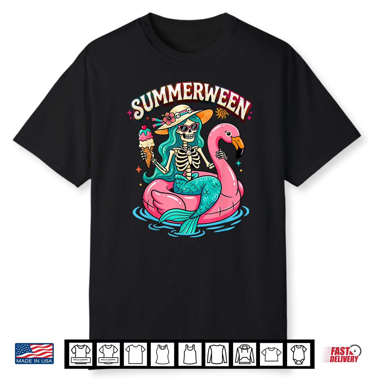 Summerween Skeleton Mermaid Flamingo Float Summer Halloween Shirt Summerween Skeleton Mermaid Flamingo Float Summer Halloween Shirt