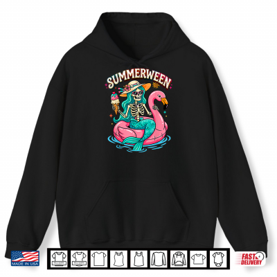 Summerween Skeleton Mermaid Flamingo Float Summer Halloween Shirt 1 Hoodie Summerween Skeleton Mermaid Flamingo Float Summer Halloween Shirt
