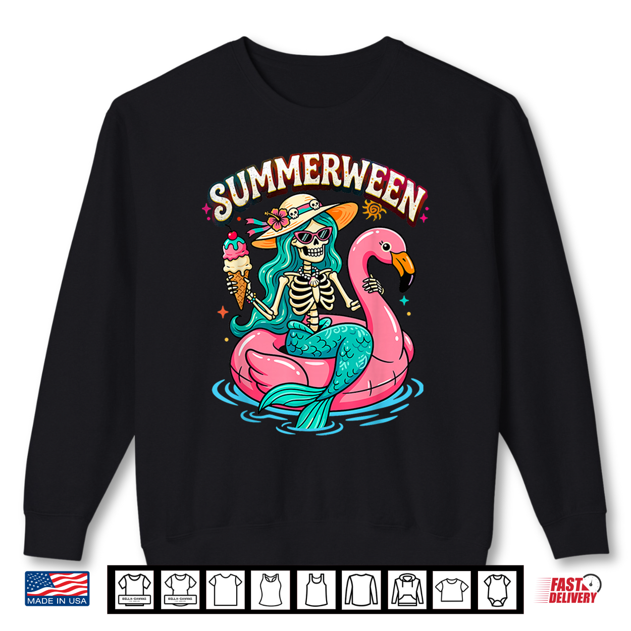 Summerween Skeleton Mermaid Flamingo Float Summer Halloween Shirt Summerween Skeleton Mermaid Flamingo Float Summer Halloween Shirt