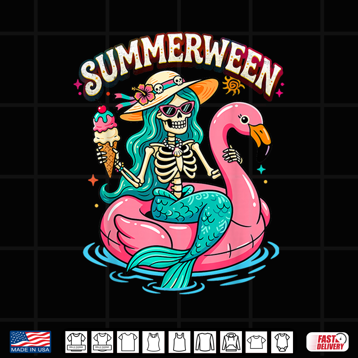 Summerween Skeleton Mermaid Flamingo Float Summer Halloween Shirt Summerween Skeleton Mermaid Flamingo Float Summer Halloween Shirt