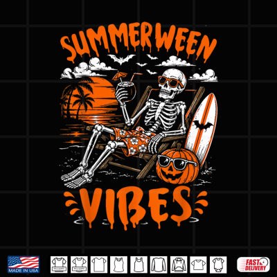 Summerween Vibes Skeleton Relaxing Beach Pumpkin Halloween Shirt 4 Design Summerween Vibes Skeleton Relaxing Beach Pumpkin Halloween Shirt