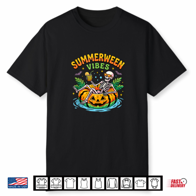 Summerween Vibes Spooky Summer Halloween Skeleton Pool Float Shirt