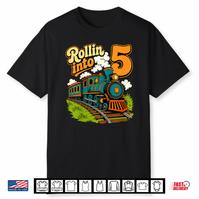 Rollin Into 5 Vintage Train 5Th Birthday Boy Age 5 Shirt