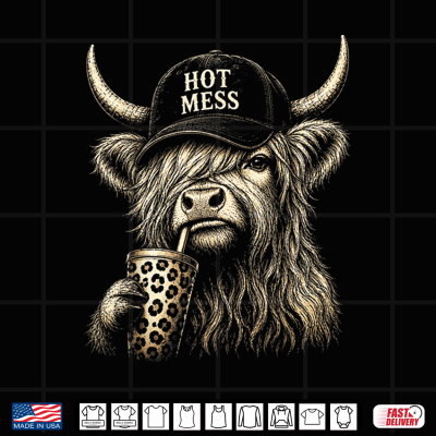 Hot Mess Highland Cow Funny Cute Coffee Lover Graphic Shirt 4 Design Hot Mess Highland Cow Funny Cute Coffee Lover Graphic Shirt