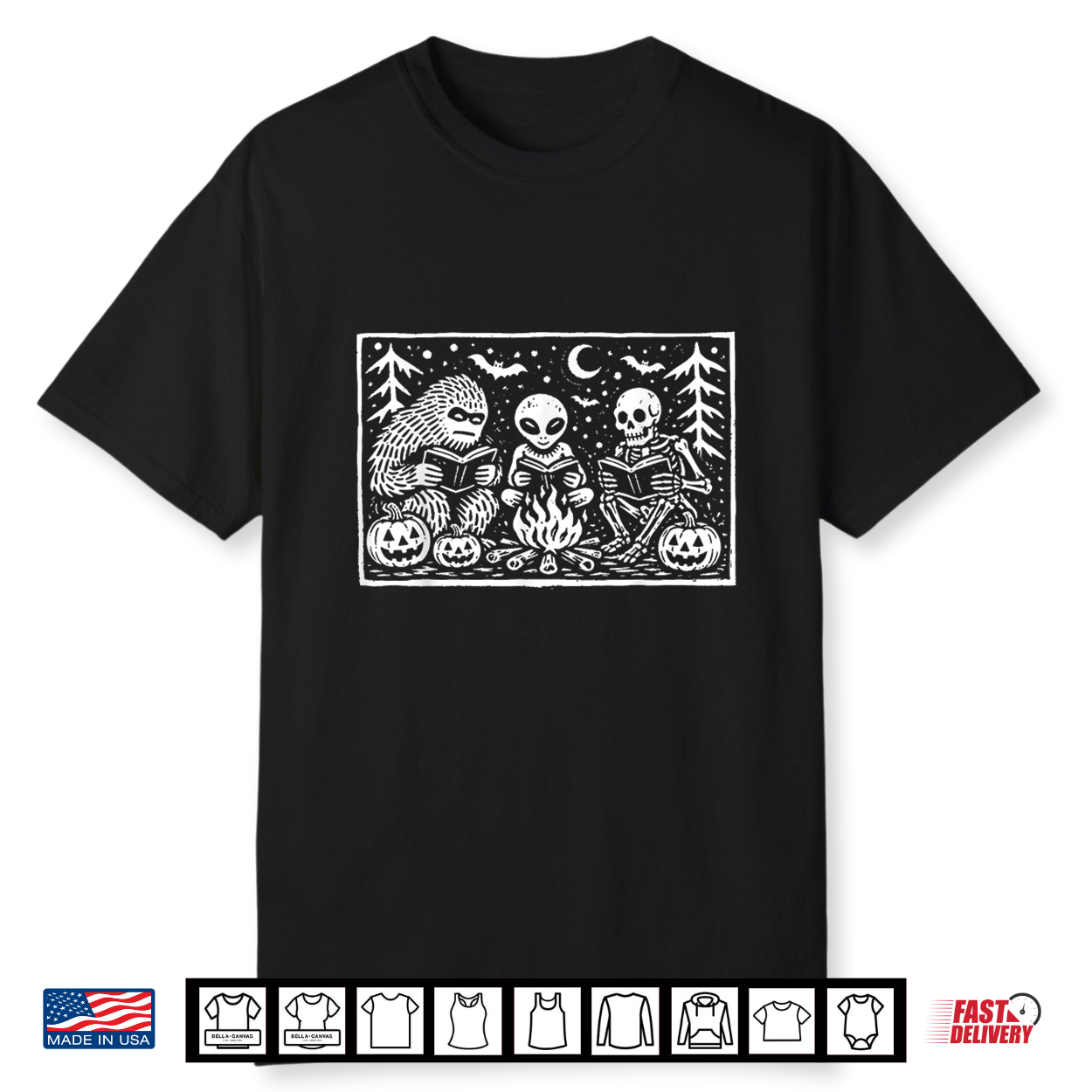 Funny Bigfoot Alien Skeleton Reading Books Halloween Camping Shirt Funny Bigfoot Alien Skeleton Reading Books Halloween Camping Shirt